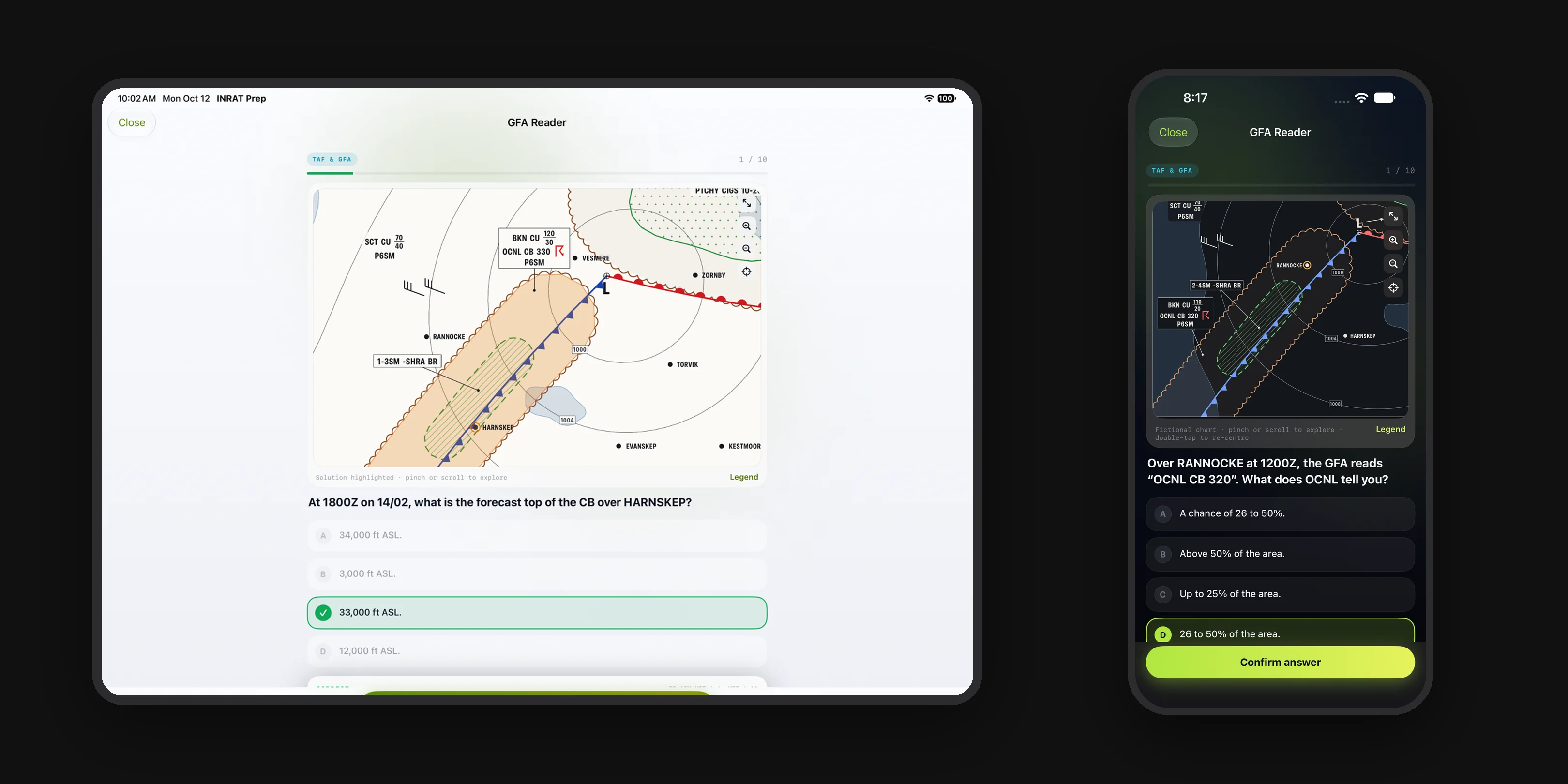 INRAT Prep's GFA Reader on iPad and iPhone: a generated graphic area forecast chart with the solution highlighted beside the multiple-choice question