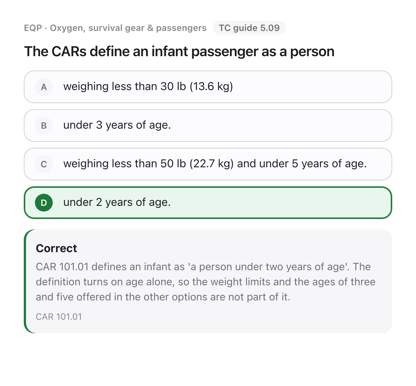 A PSTAR practice question about the CARs definition of an infant passenger, with the correct answer highlighted and the explanation and reference shown
